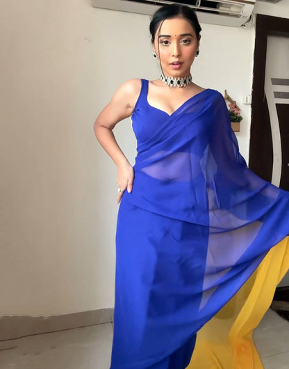 Blue & Yellow Alia Bhatt Soft Georgette Ready To Wear Saree