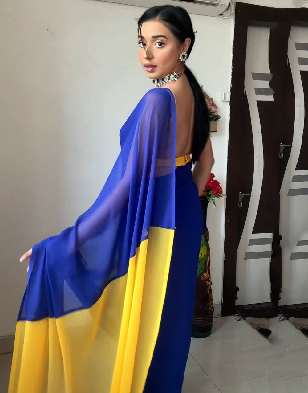 Blue & Yellow Alia Bhatt Soft Georgette Ready To Wear Saree