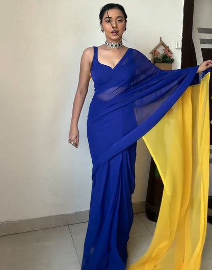 Blue & Yellow Alia Bhatt Soft Georgette Ready To Wear Saree