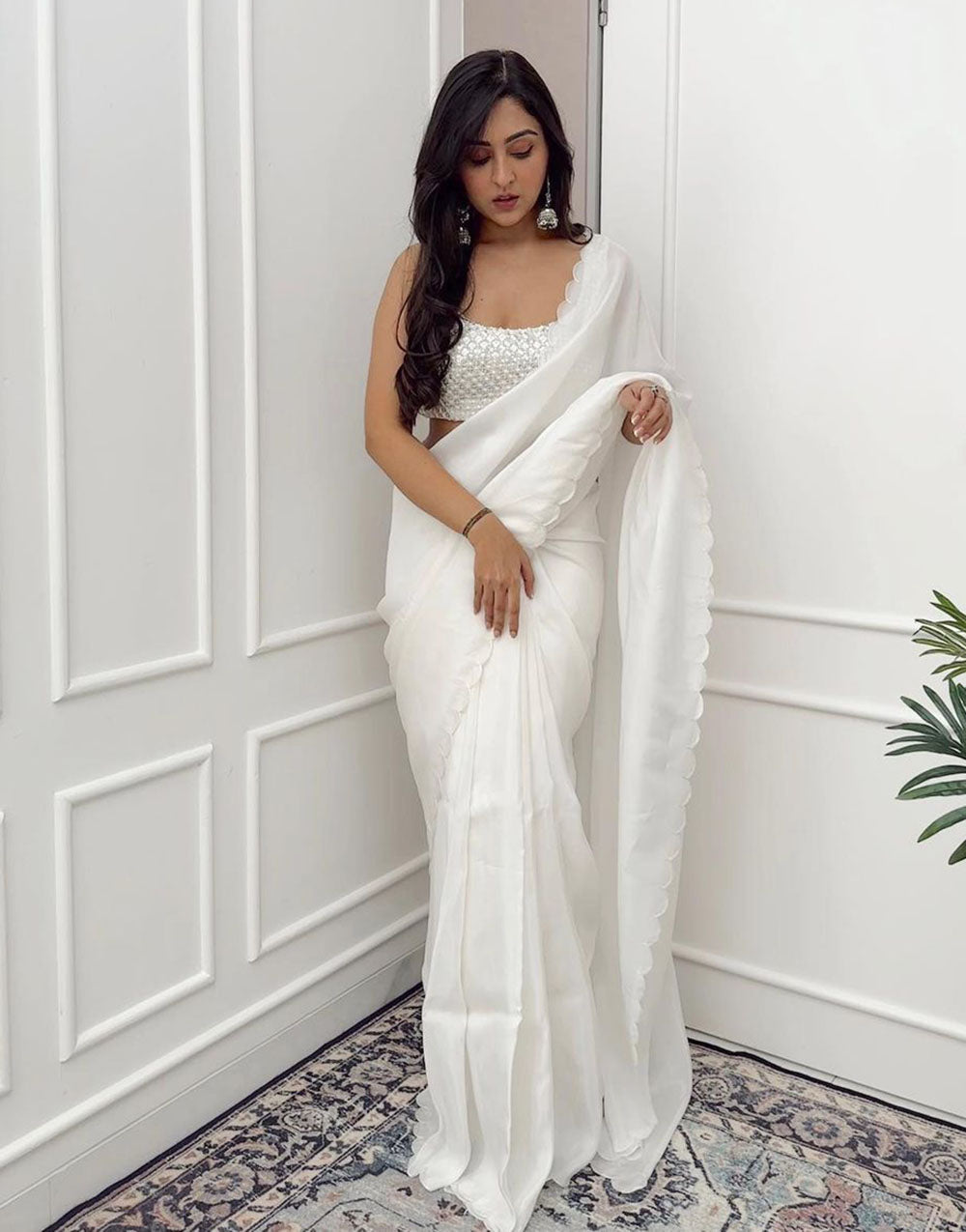 White Rangoli Silk Ready To Wear Saree With Cut Work Border