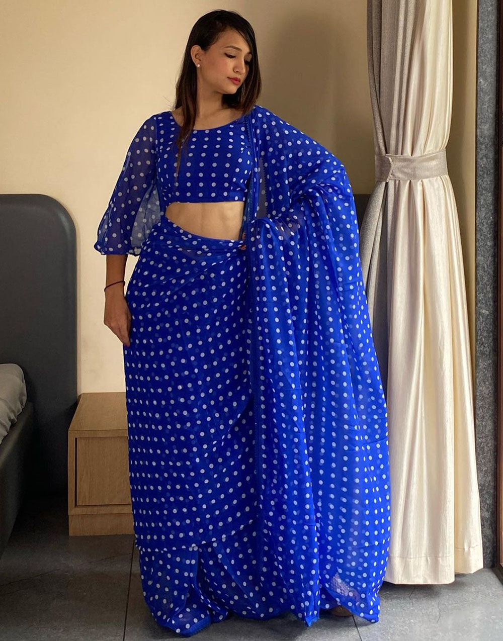 Blue Georgette Ready To Wear Saree With Printed Work