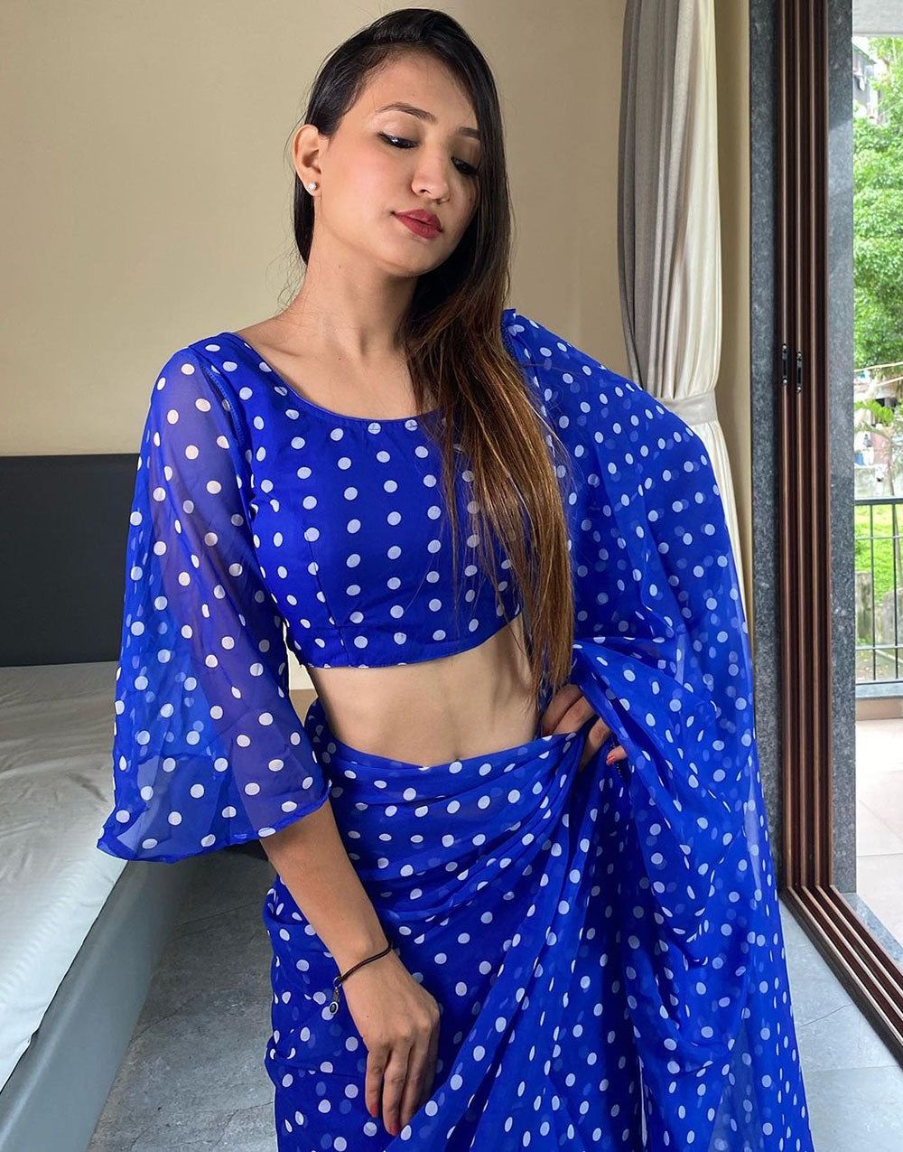 Blue Georgette Ready To Wear Saree With Printed Work