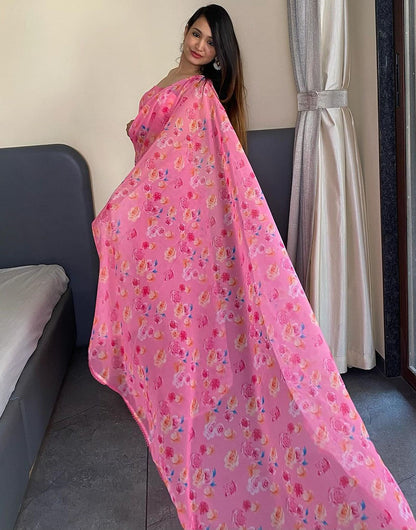 Light Pink Georgette Ready To Wear Saree With Floral Printed Work