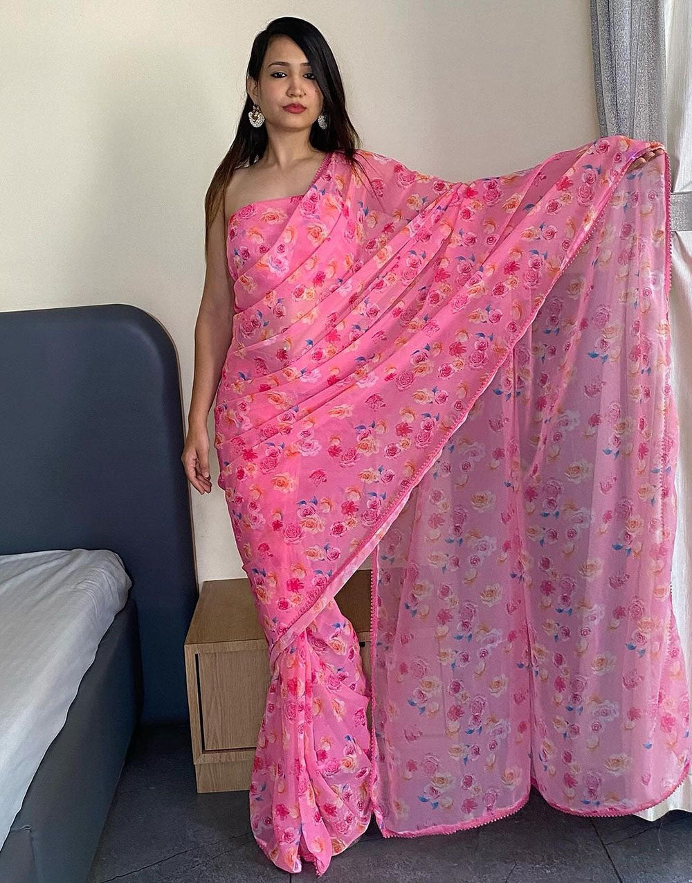 Light Pink Georgette Ready To Wear Saree With Floral Printed Work