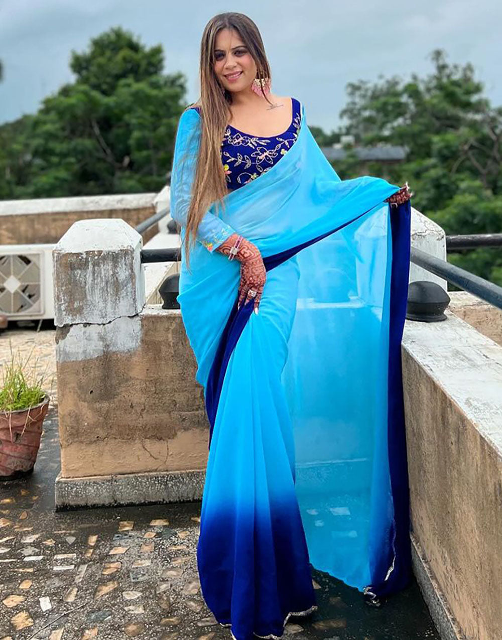 Blue Georgette With Printed Ready To Wear Saree