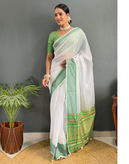 White & Green Cotton Striped Saree With Weaving Work