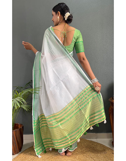 White & Green Cotton Striped Saree With Weaving Work