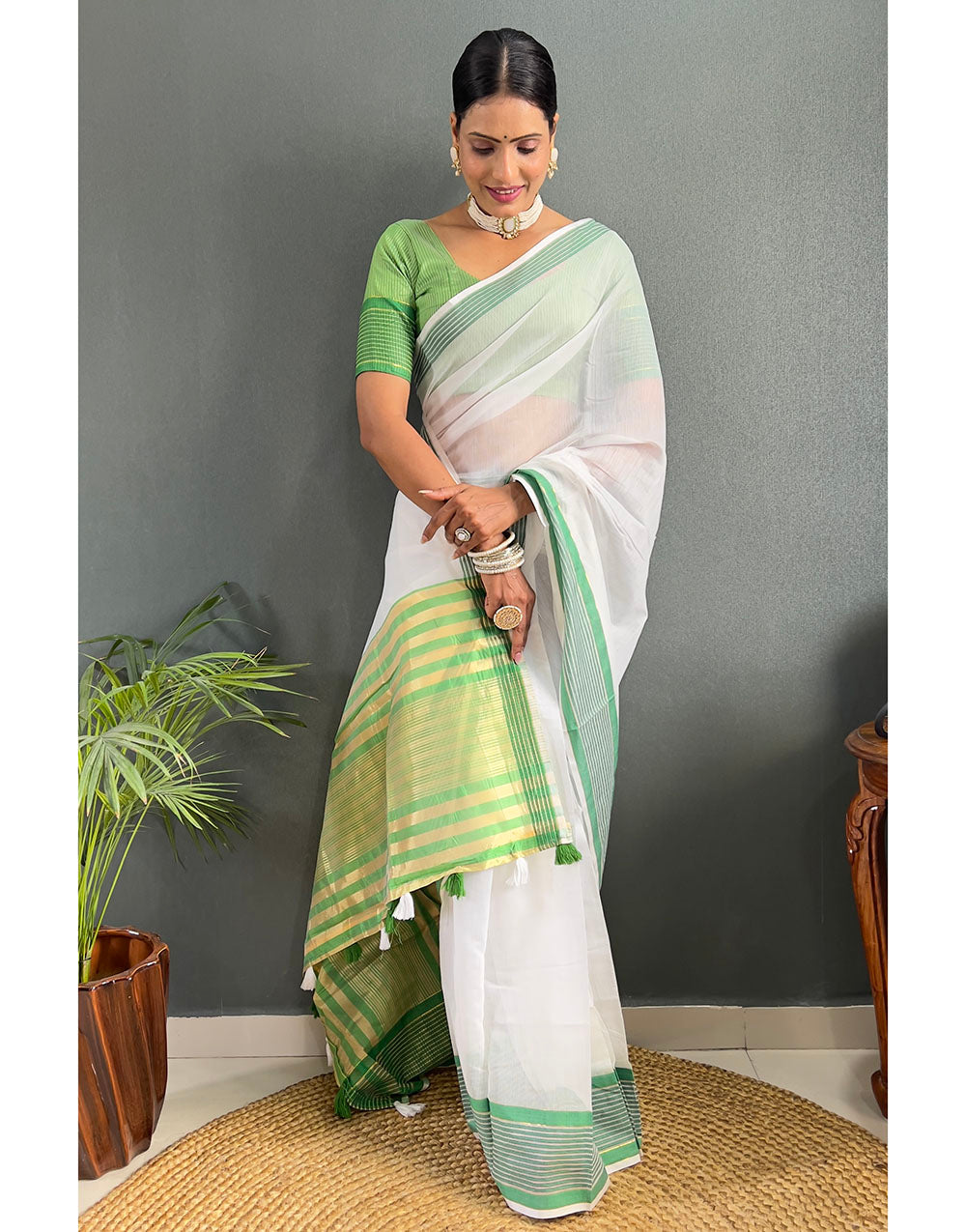 White & Green Cotton Striped Saree With Weaving Work