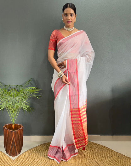 White & Red Cotton Striped Saree With Weaving Work