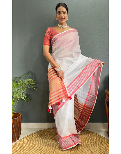 White & Red Cotton Striped Saree With Weaving Work