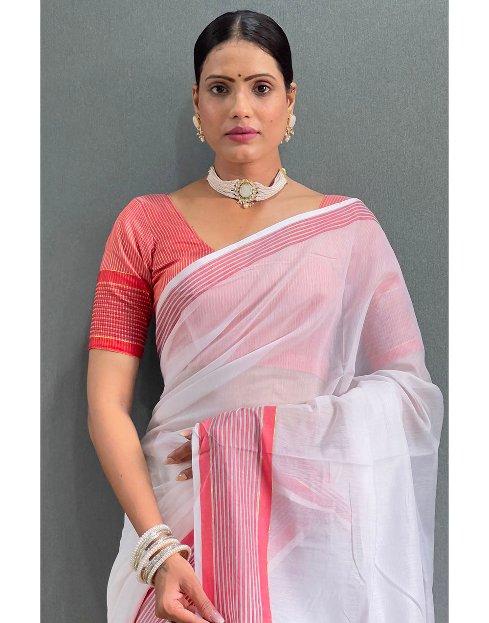 White & Red Cotton Striped Saree With Weaving Work