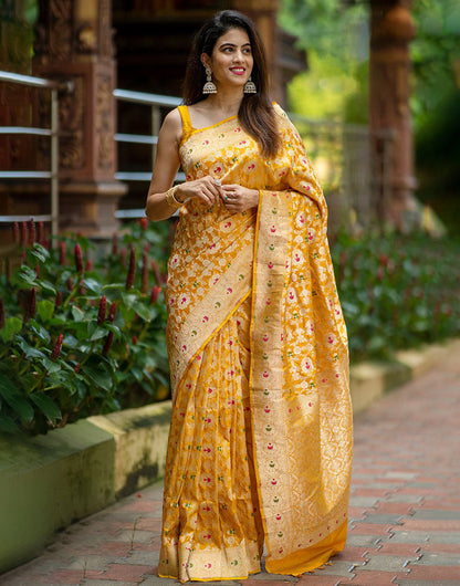 Yellow Banarasi Cotton Saree With Weaving Work