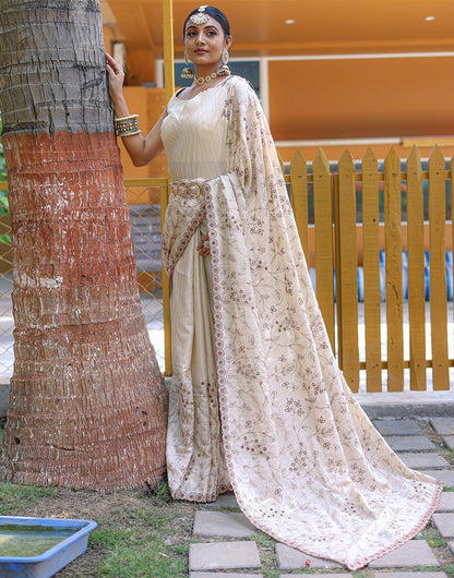 Cream Soft Silk Saree With Handwork & Cutwork Border