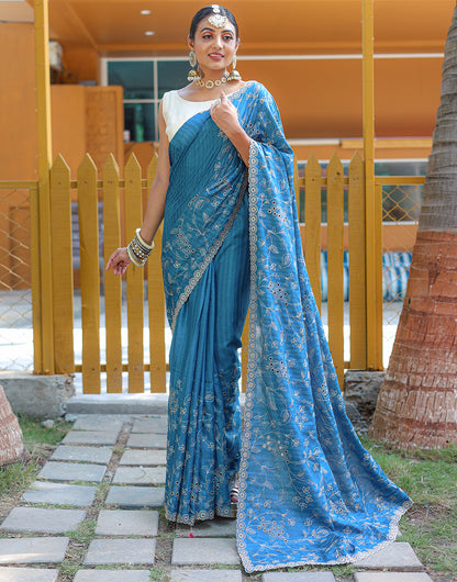 Cyan Blue Soft Silk Saree With Handwork & Cutwork Border