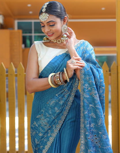 Cyan Blue Soft Silk Saree With Handwork & Cutwork Border