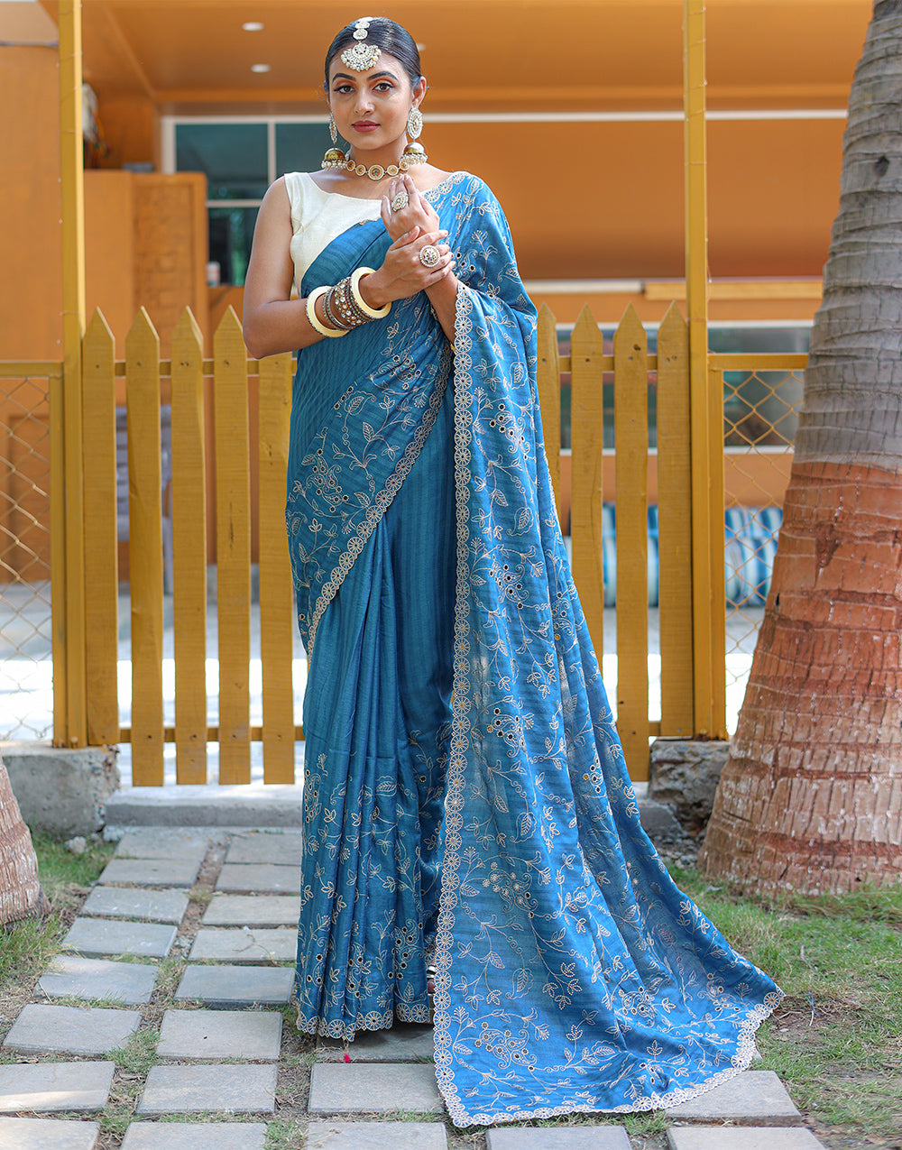 Cyan Blue Soft Silk Saree With Handwork & Cutwork Border