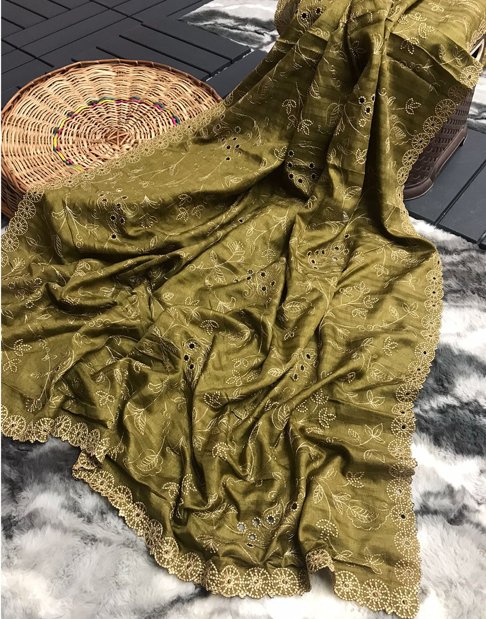 Olive Green Soft Silk Saree With Handwork & Cutwork Border