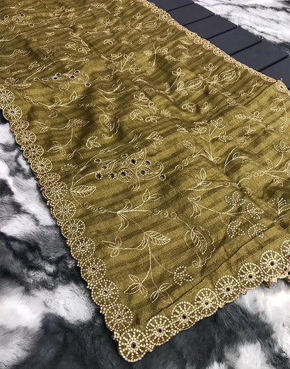 Olive Green Soft Silk Saree With Handwork & Cutwork Border