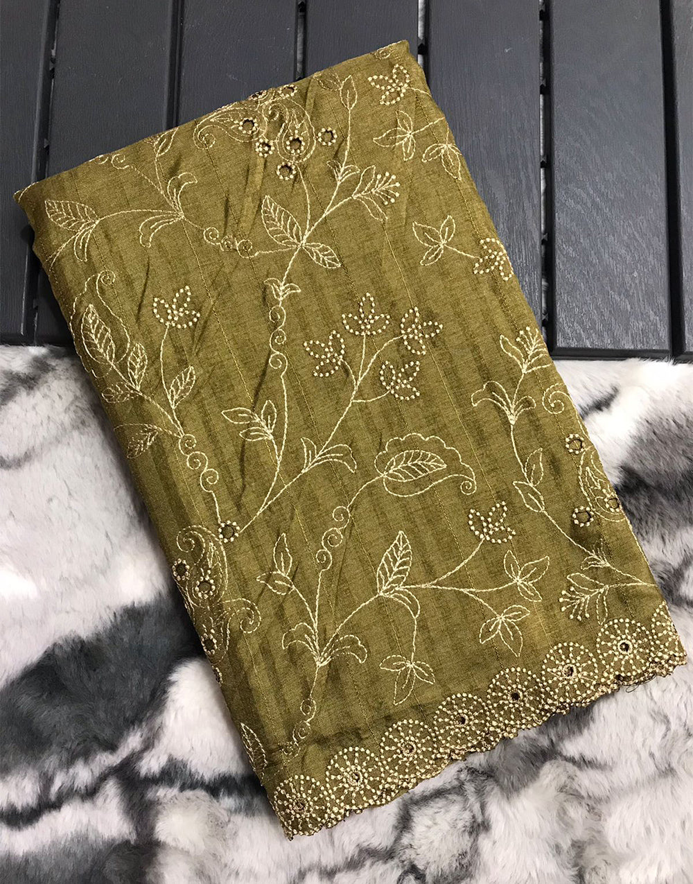 Olive Green Soft Silk Saree With Handwork & Cutwork Border