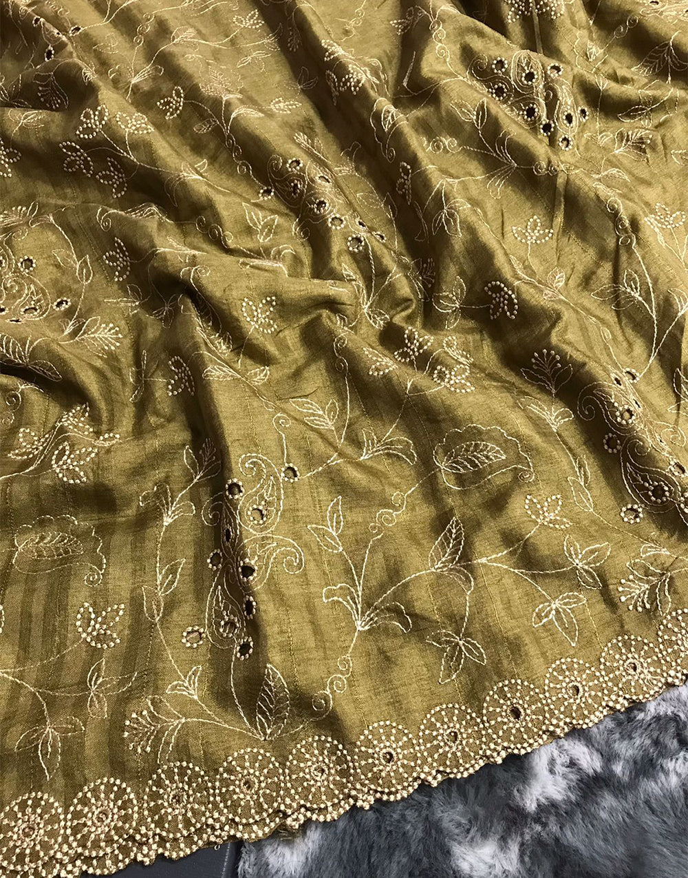 Olive Green Soft Silk Saree With Handwork & Cutwork Border