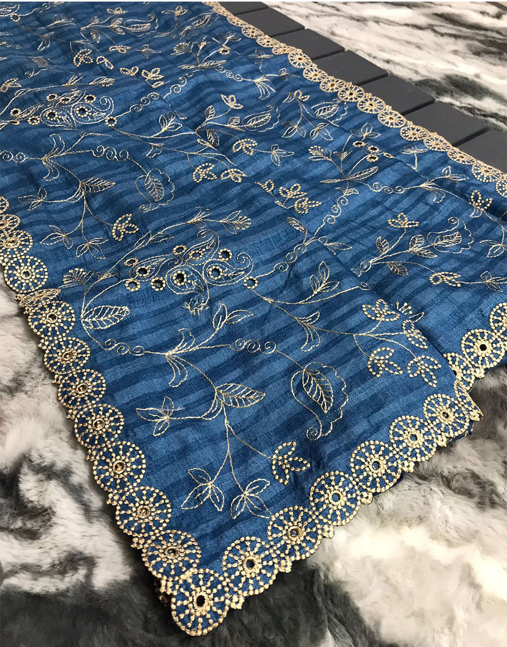Middle Blue Soft Silk Saree With Handwork & Cutwork Border