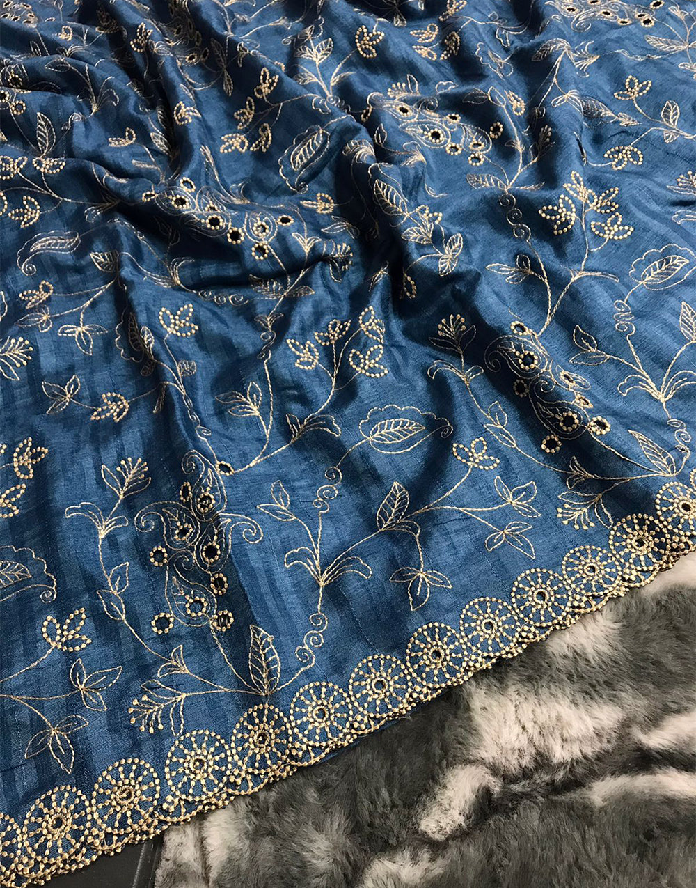 Middle Blue Soft Silk Saree With Handwork & Cutwork Border