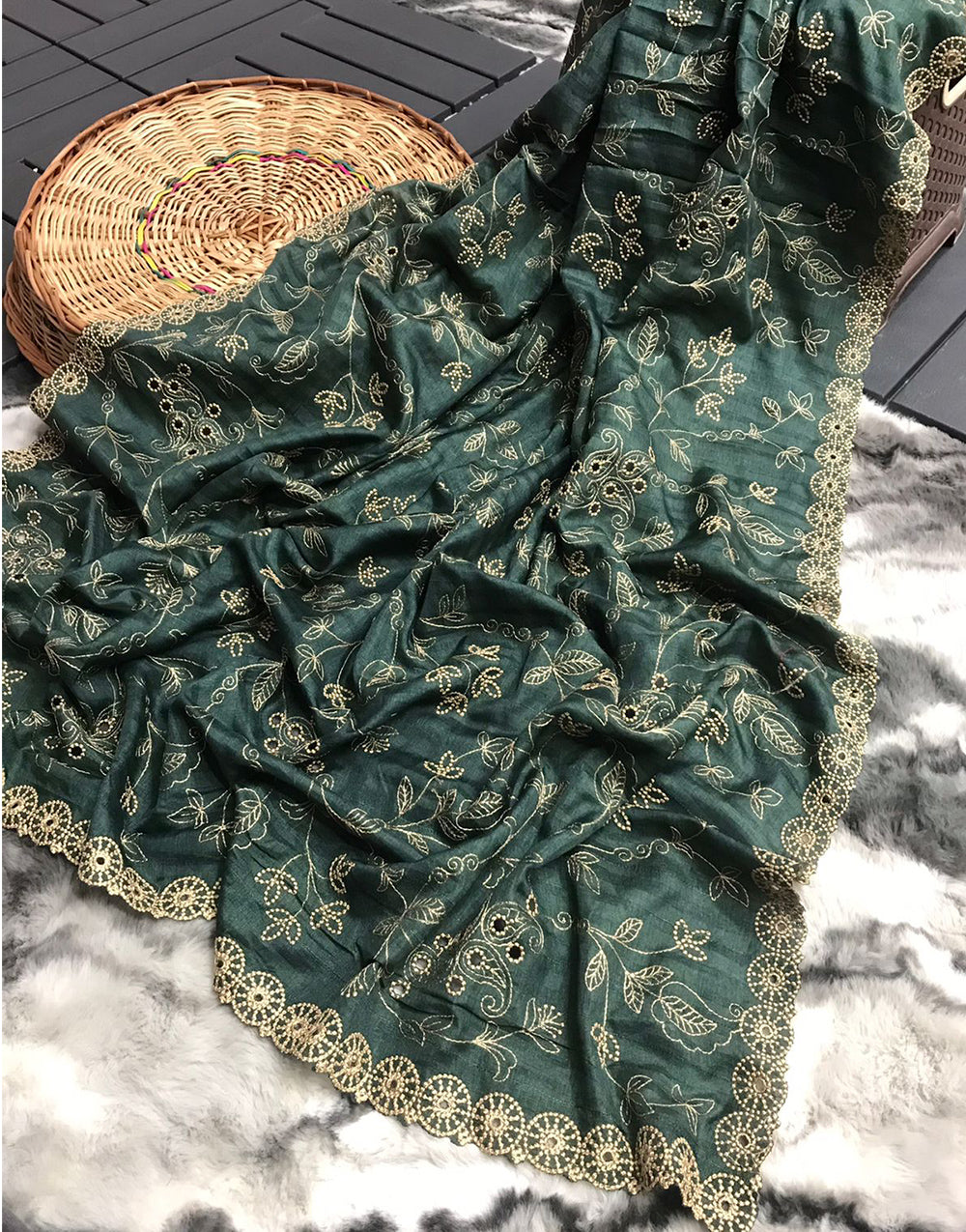 Dark Green Soft Silk Saree With Handwork & Cutwork Border