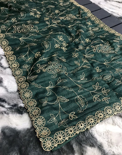 Dark Green Soft Silk Saree With Handwork & Cutwork Border