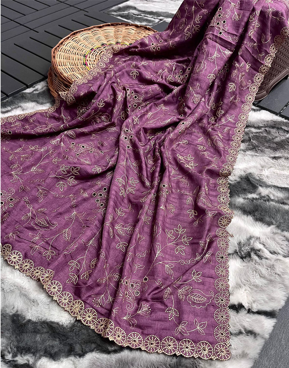 Purpureus Purple Soft Silk Saree With Handwork & Cutwork Border
