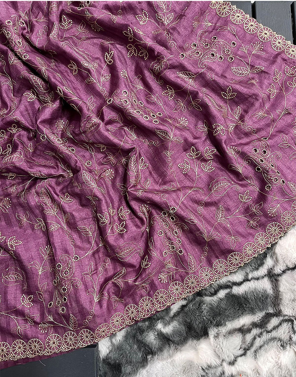 Purpureus Purple Soft Silk Saree With Handwork & Cutwork Border