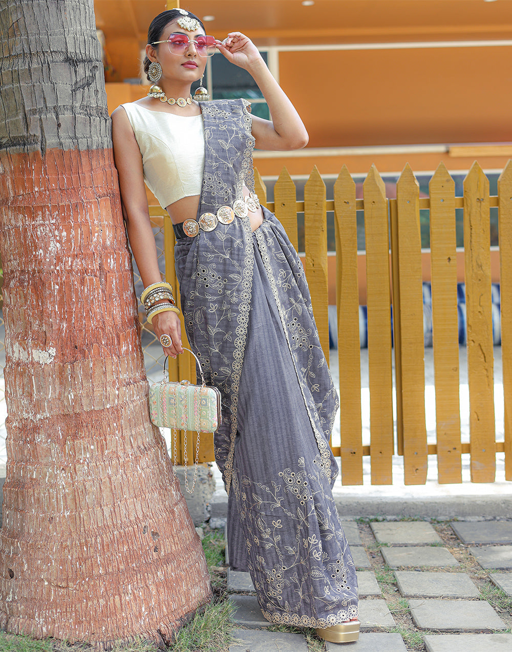 Grey Soft Silk Saree With Embroidery & Cutwork Border