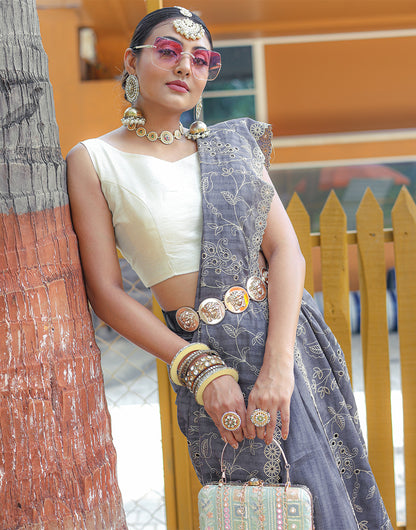 Grey Soft Silk Saree With Embroidery & Cutwork Border