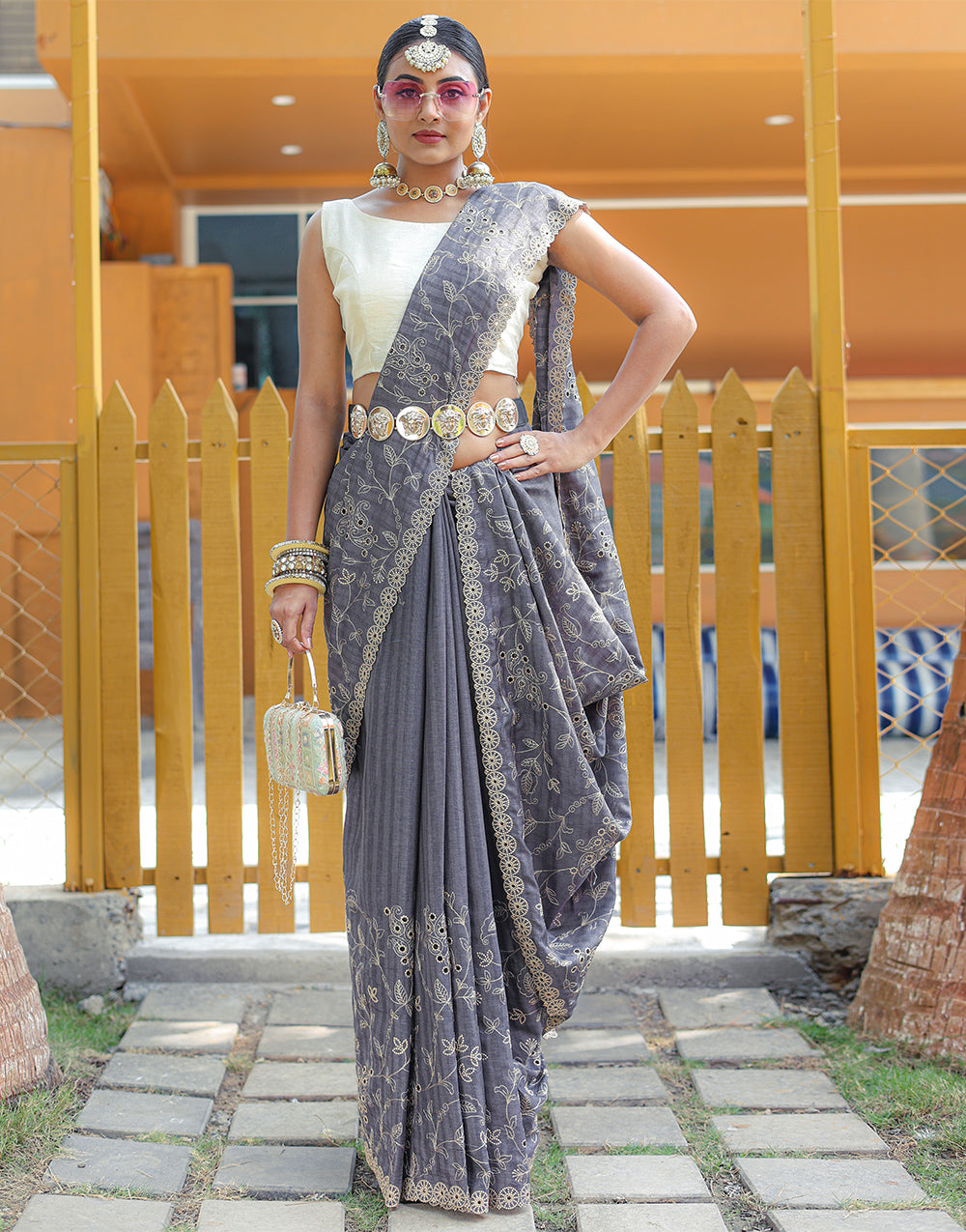 Grey Soft Silk Saree With Embroidery & Cutwork Border