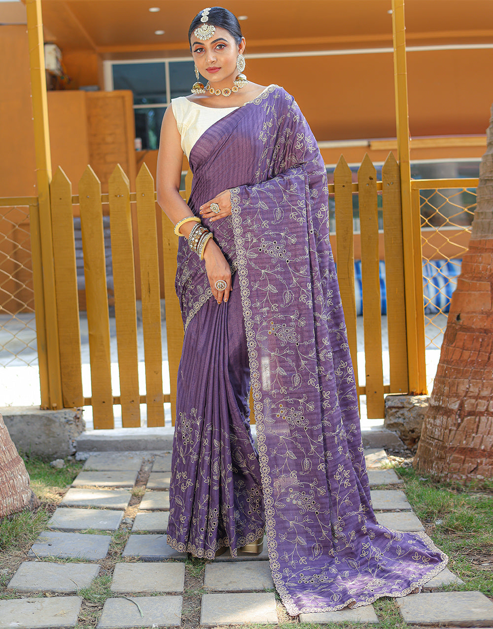 Purple Soft Silk Saree With Handwork & Cutwork Border