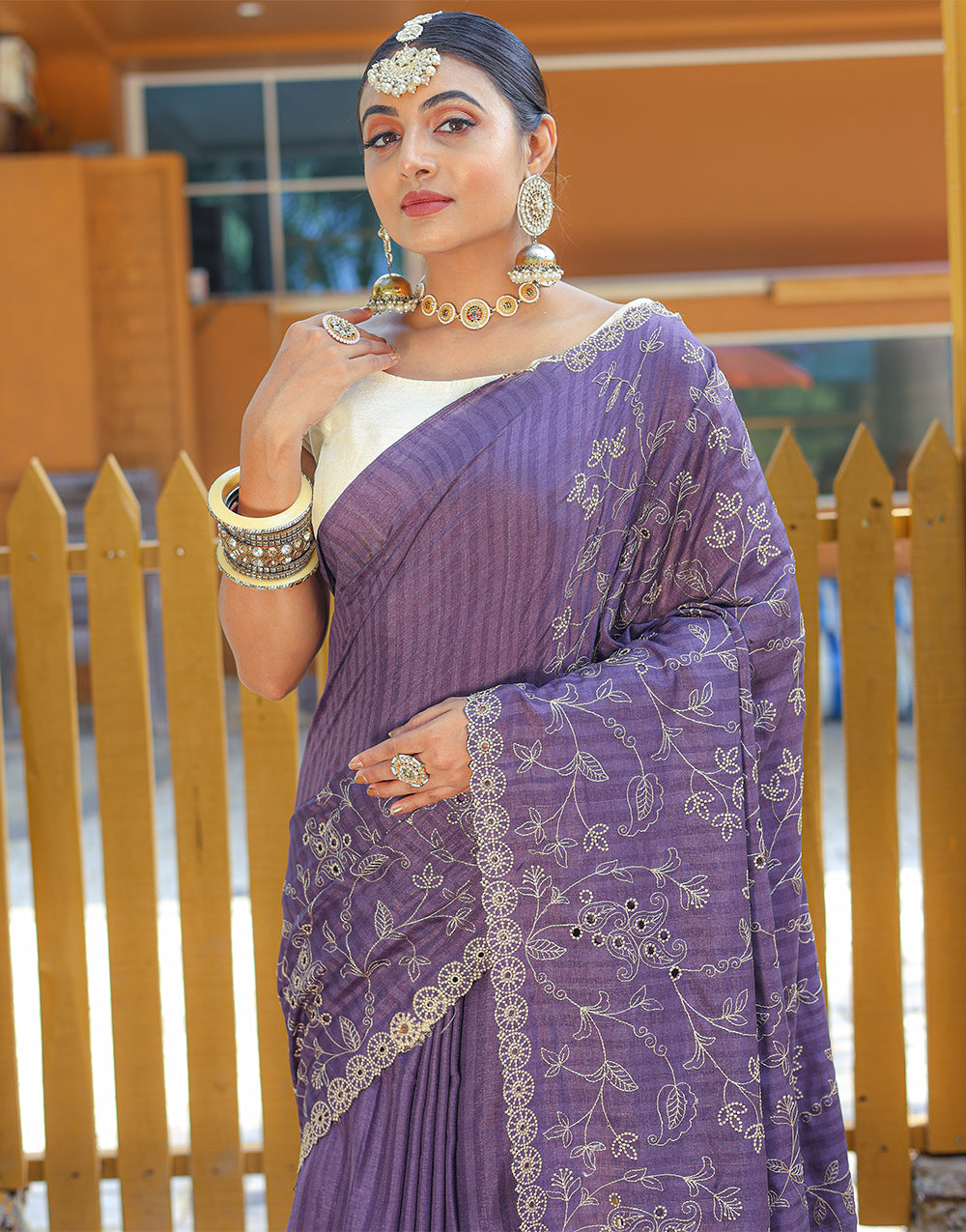 Purple Soft Silk Saree With Handwork & Cutwork Border