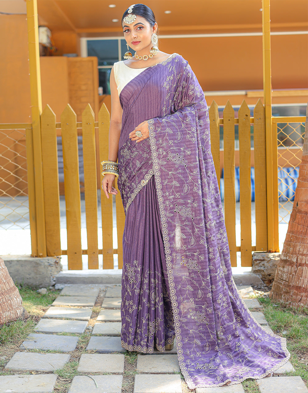 Purple Soft Silk Saree With Handwork & Cutwork Border