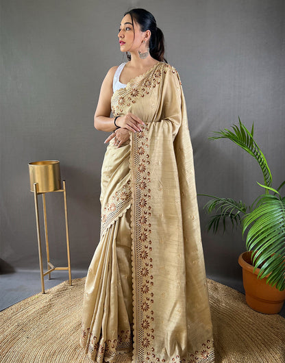 Cream Silk Saree With Embroidery Work