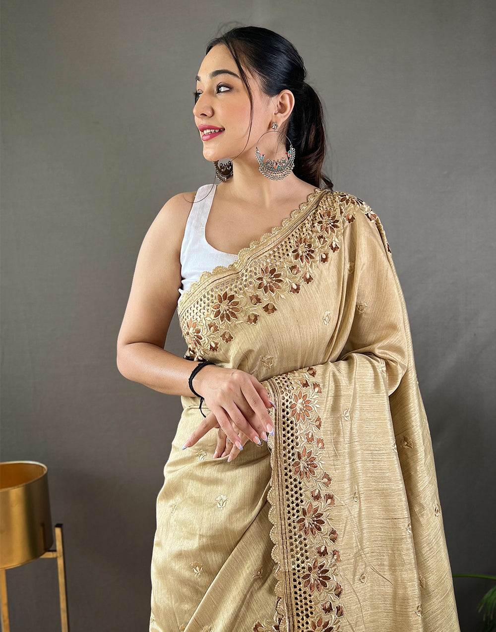 Cream Silk Saree With Embroidery Work