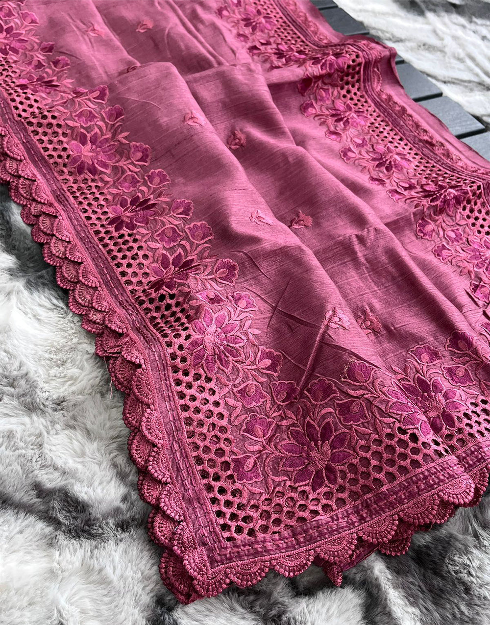 Brick Pink Soft Silk Saree With Embroidery Work