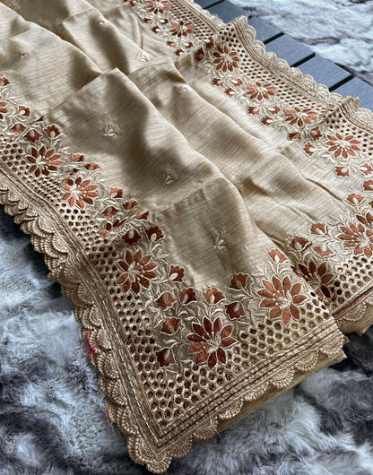 Cream Soft Silk Saree With Embroidery Work