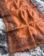 Coral Orange Soft Silk Saree With Embroidery Work