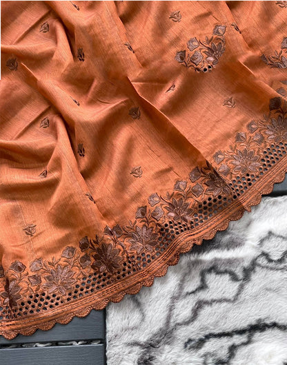 Coral Orange Soft Silk Saree With Embroidery Work