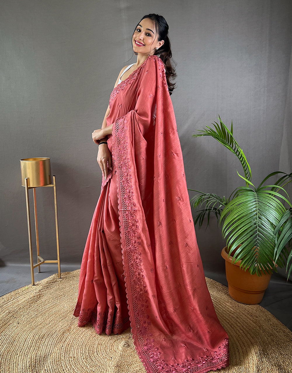 Georgia Peach Silk Saree With Embroidery Work