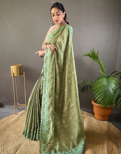 Green Silk Saree With Embroidery Work