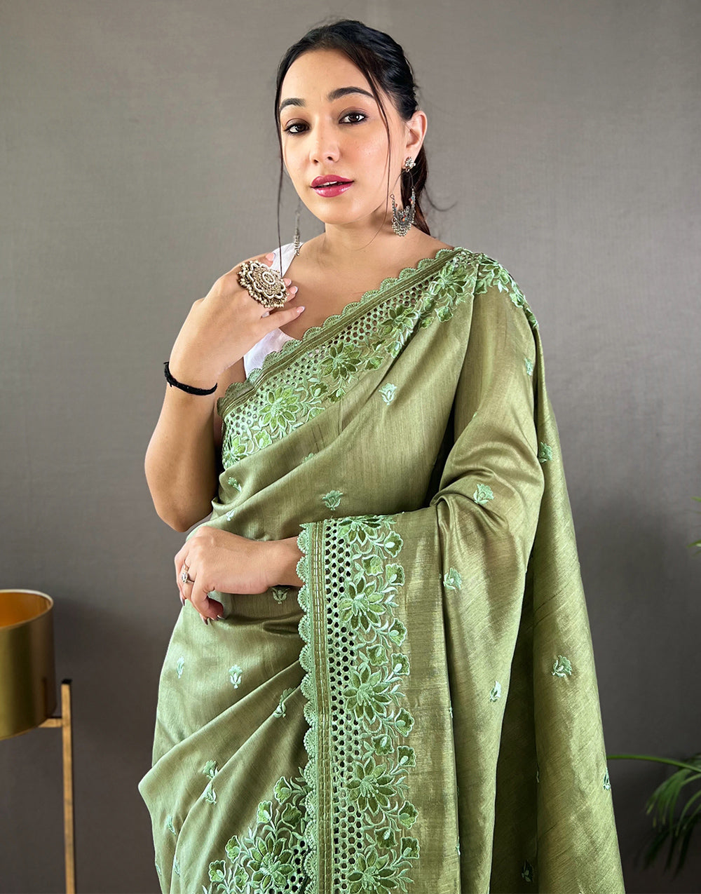 Green Silk Saree With Embroidery Work