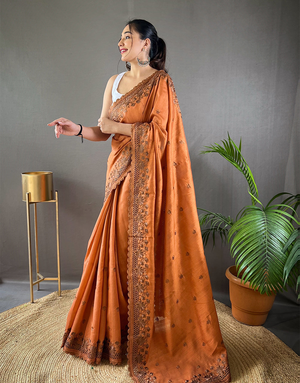 Orange Silk Saree With Embroidery Work