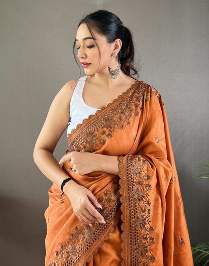 Orange Silk Saree With Embroidery Work
