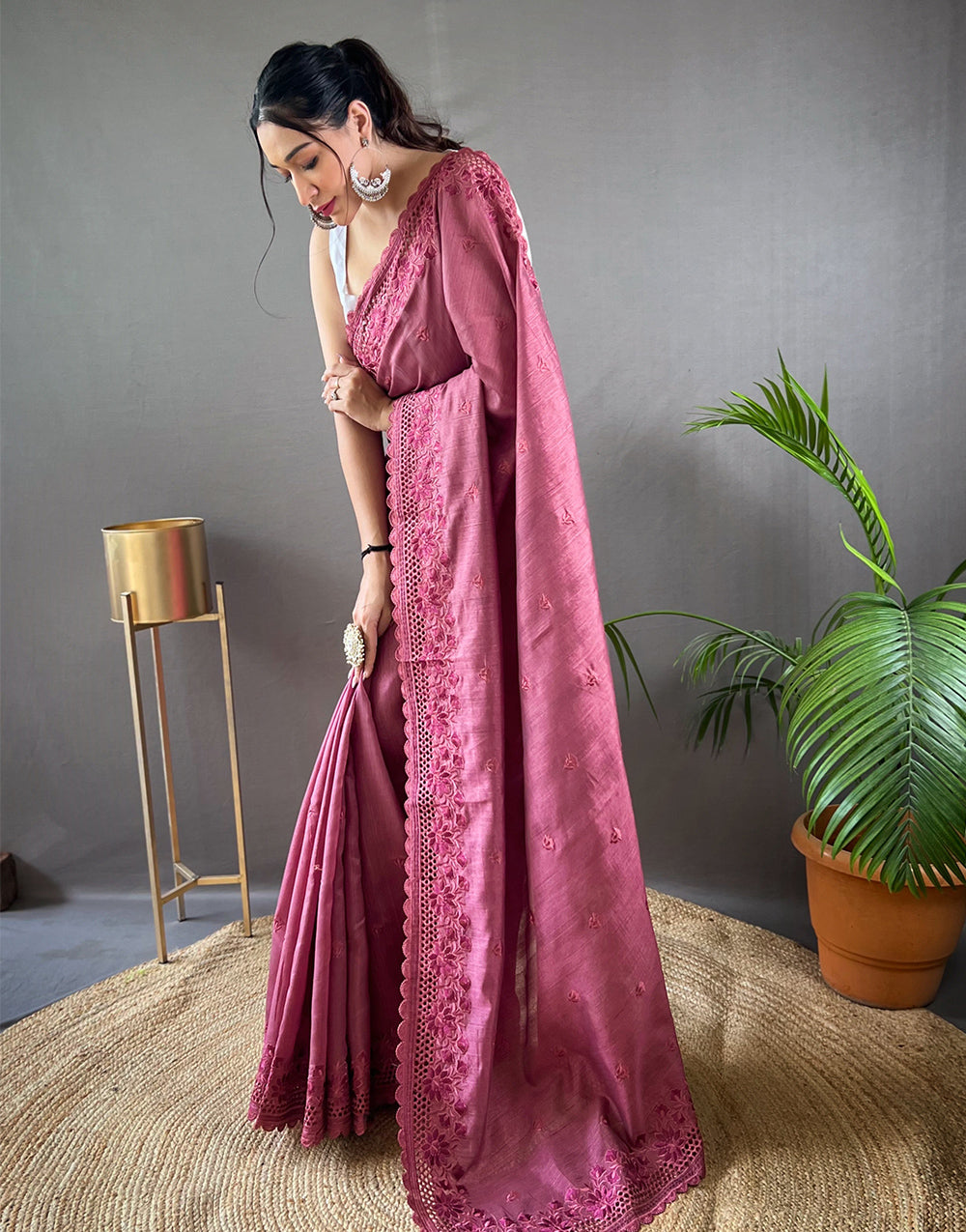 Pink Silk Saree With Embroidery Work