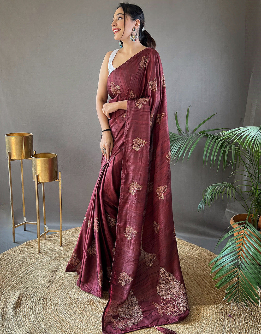 Dark Maroon Silk Saree With Embroidery Work