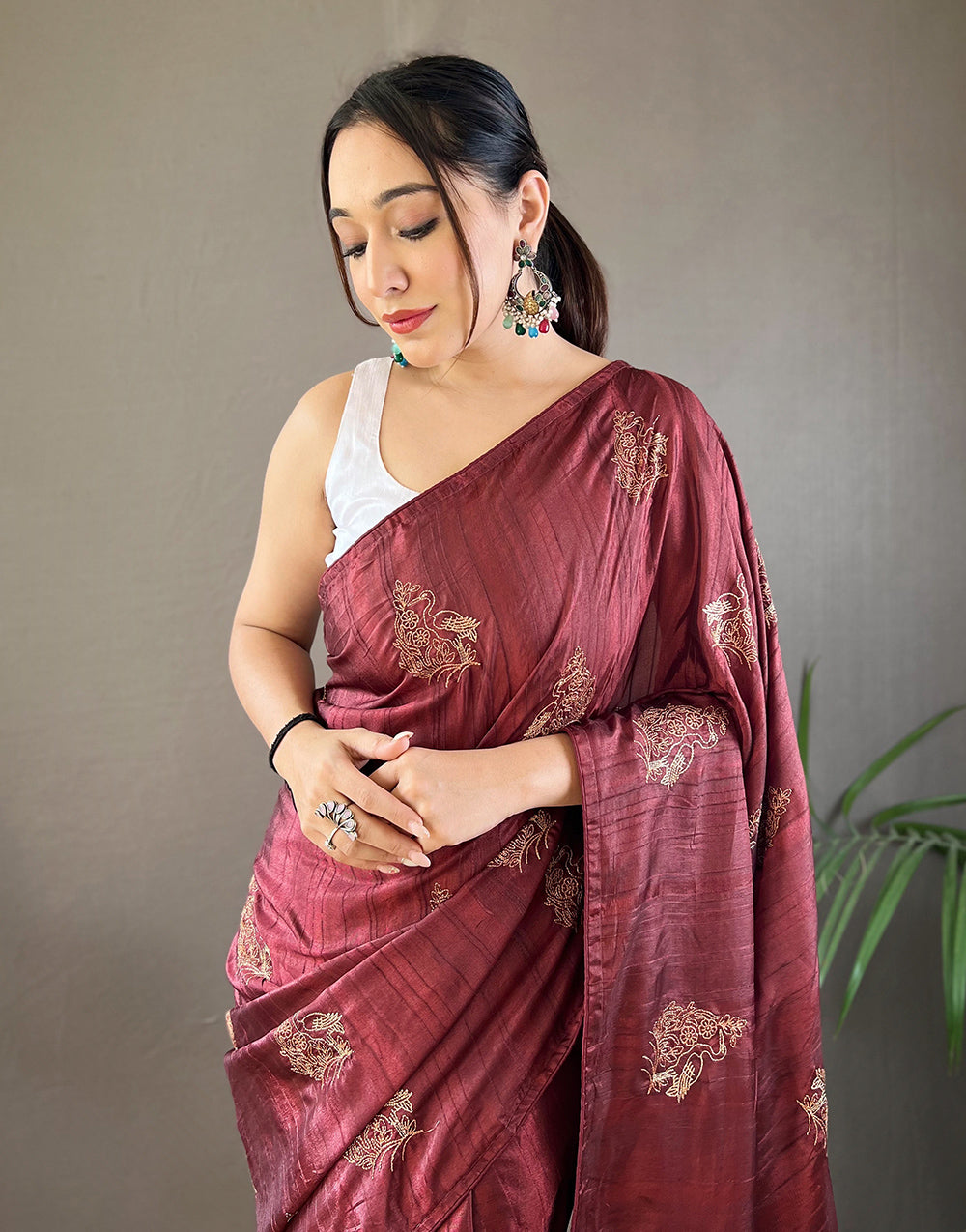 Dark Maroon Silk Saree With Embroidery Work